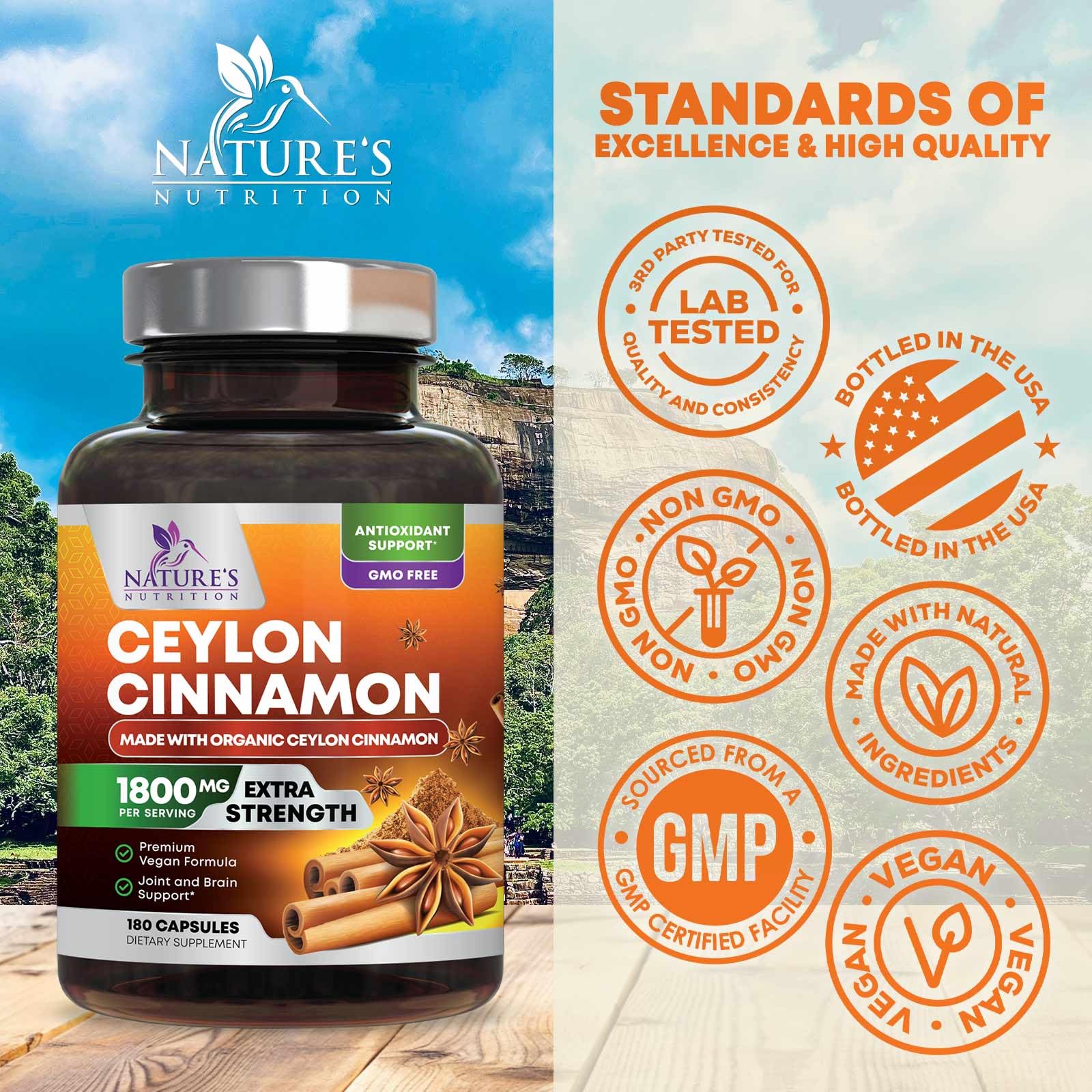 Nature's Nutrition Canela Ceylán orgánica cápsulas, en té para aroma suave y sabor agradable.