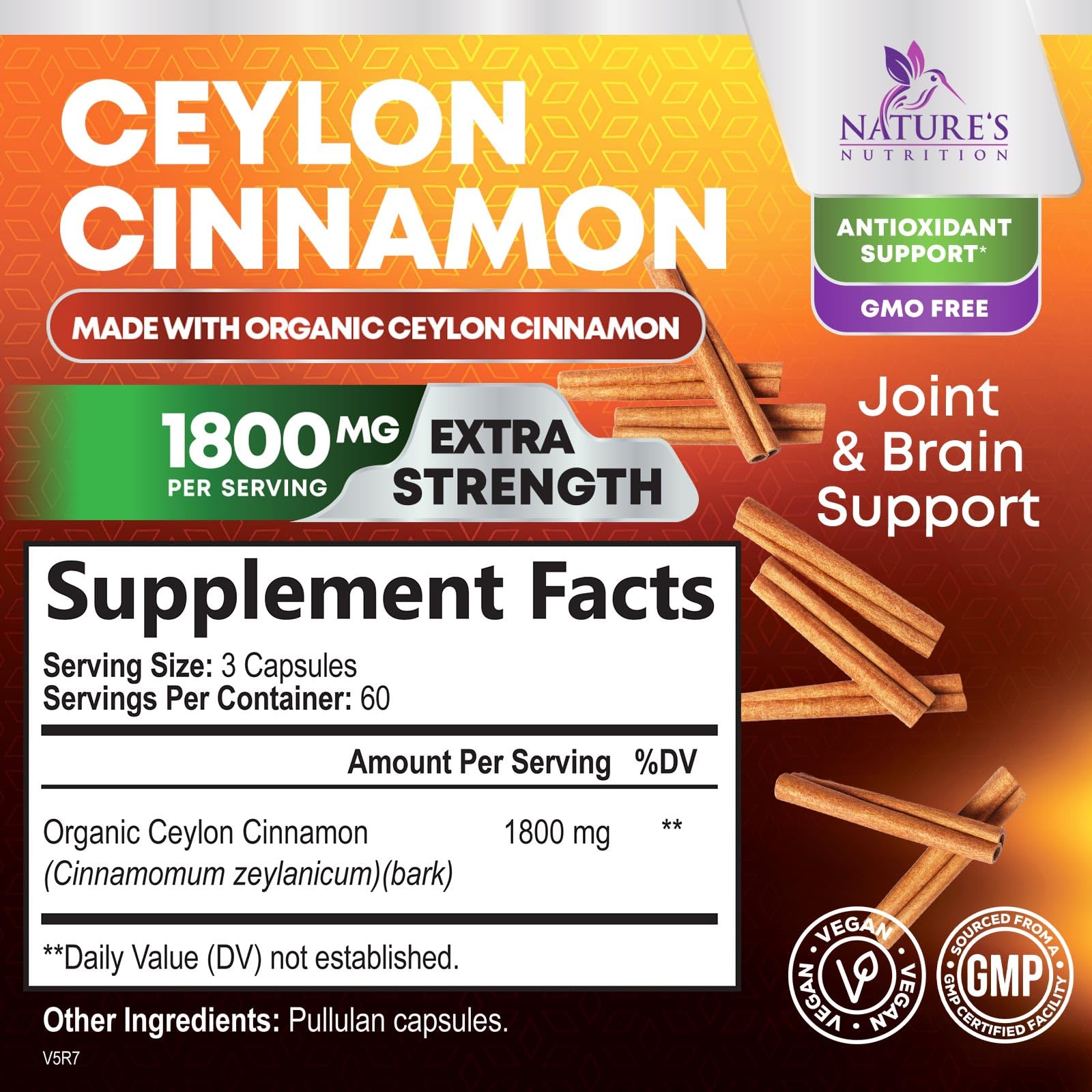 Nature's Nutrition Canela Ceylán orgánica, etiqueta visible, aroma cálido para ritual de bienestar.