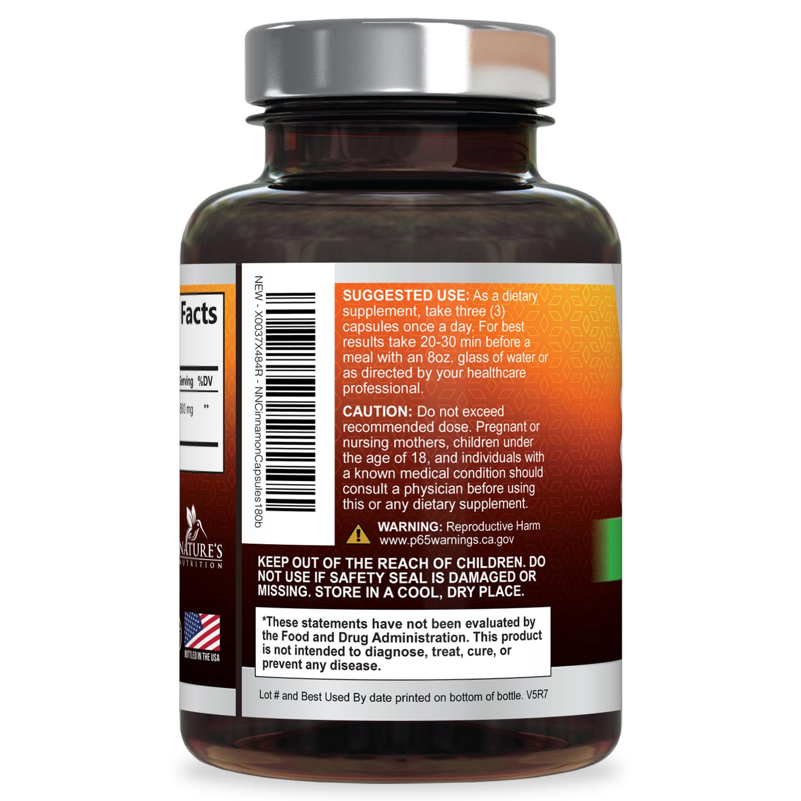 Nature's Nutrition Canela Ceylán orgánica cápsulas, envase fabricado en Estados Unidos con control de calidad.