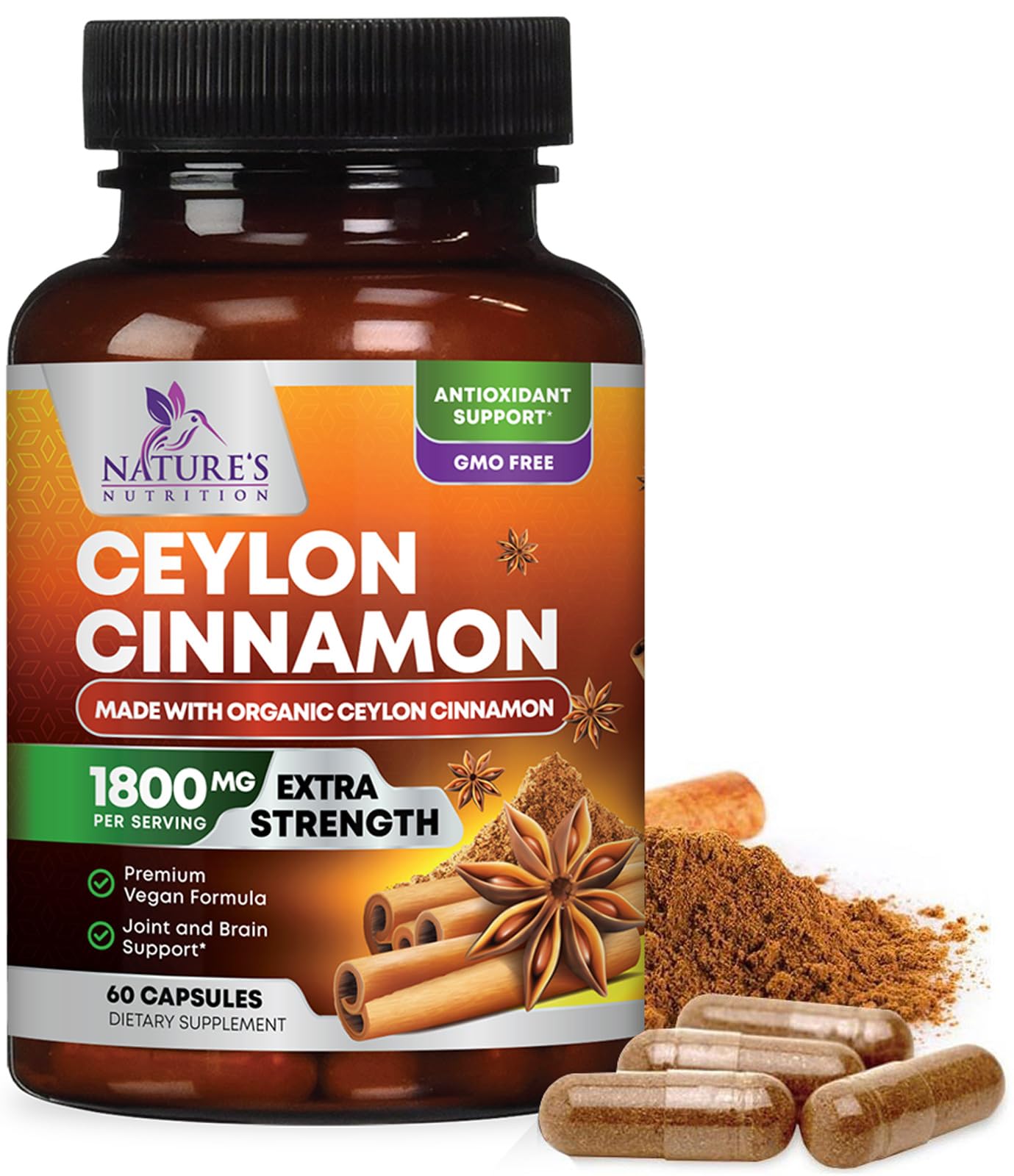 Nature's Nutrition canela Ceilán orgánica en cápsulas para uso diario.