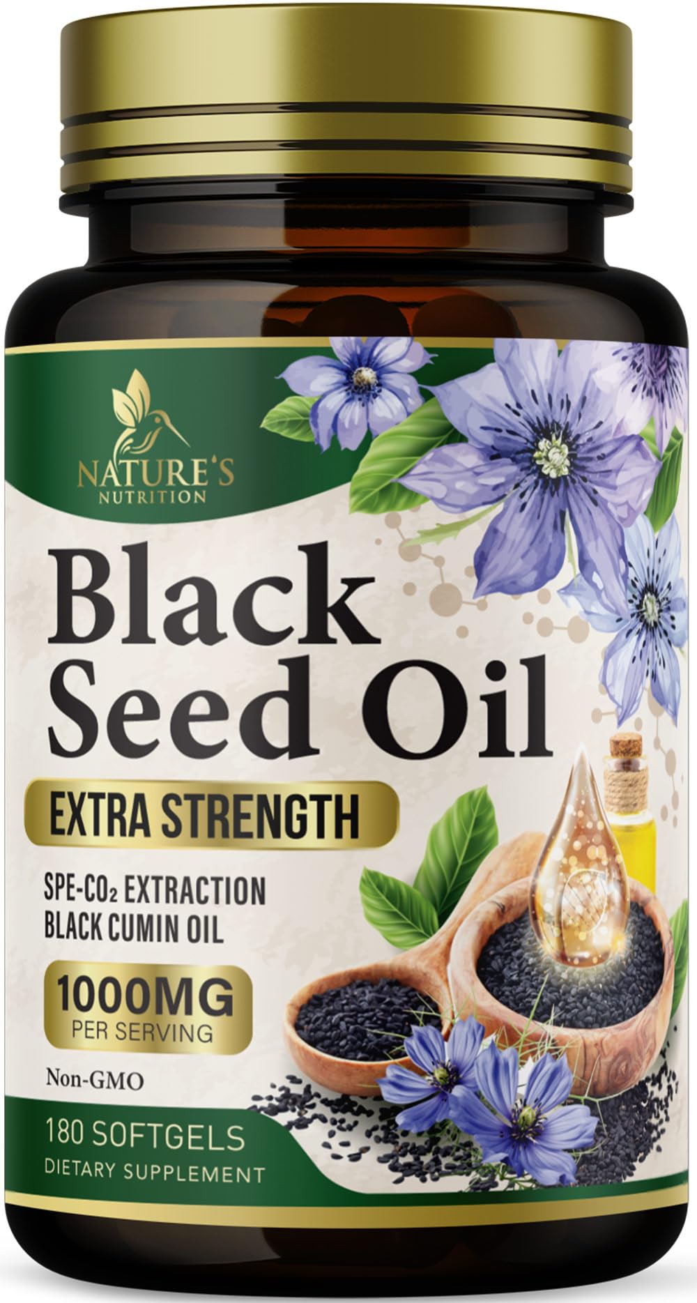 Nature's Nutrition botella frontal de cápsulas de comino negro para uso diario