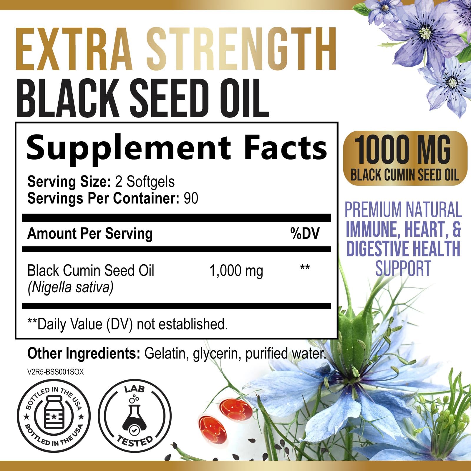 Nature's Nutrition cápsulas de comino negro, primer plano para conveniencia diaria