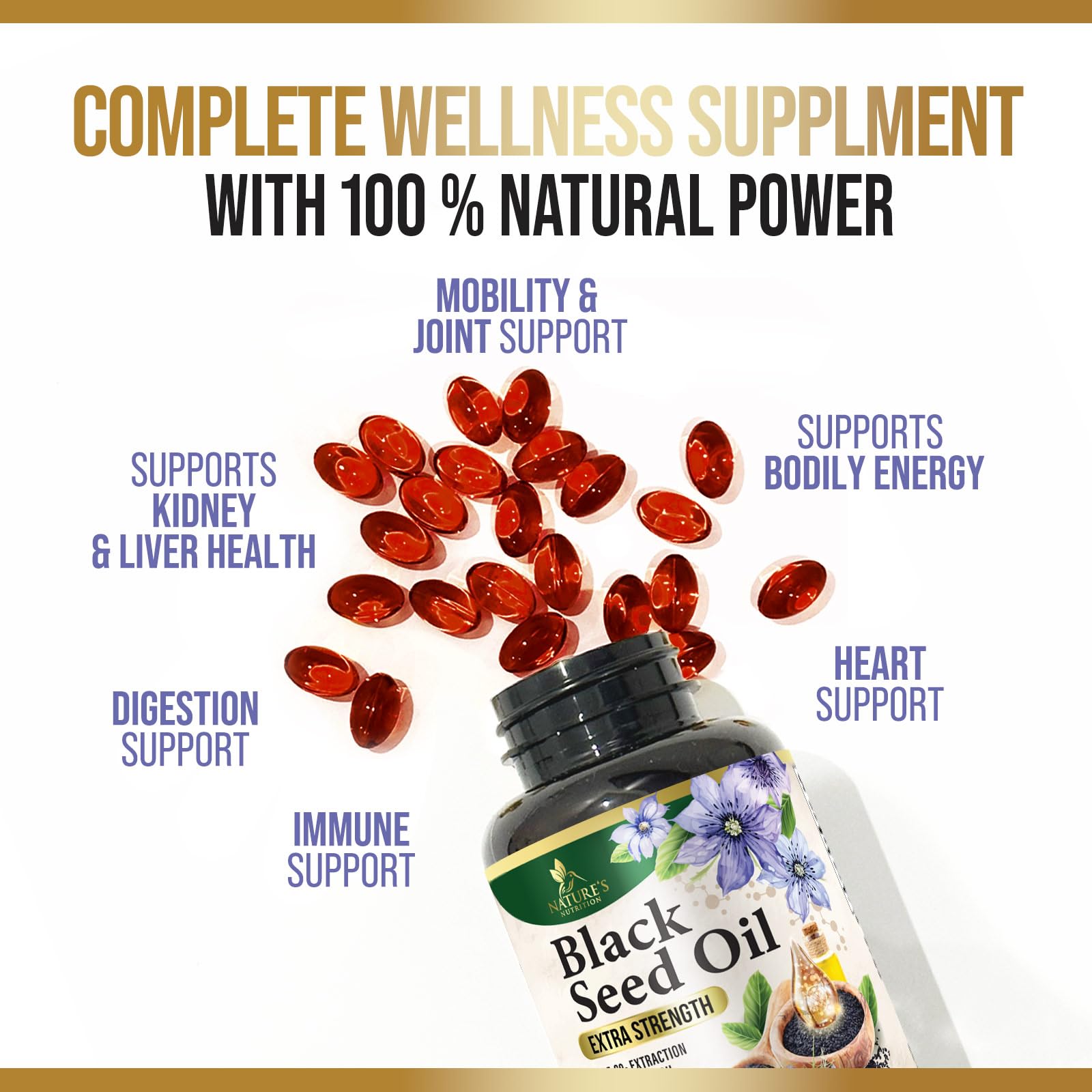Nature's Nutrition cápsulas alineadas, muestra la dosis de 1000 mg
