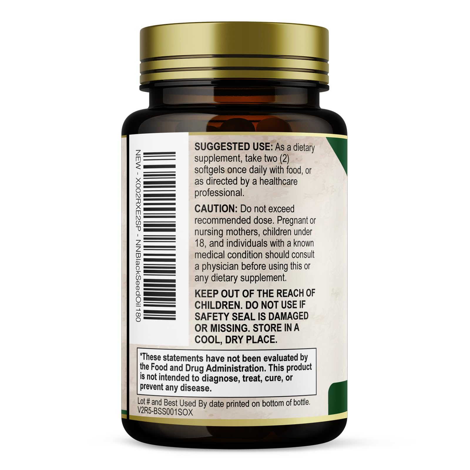 Nature's Nutrition frasco oscuro con tapa de seguridad, protege la frescura