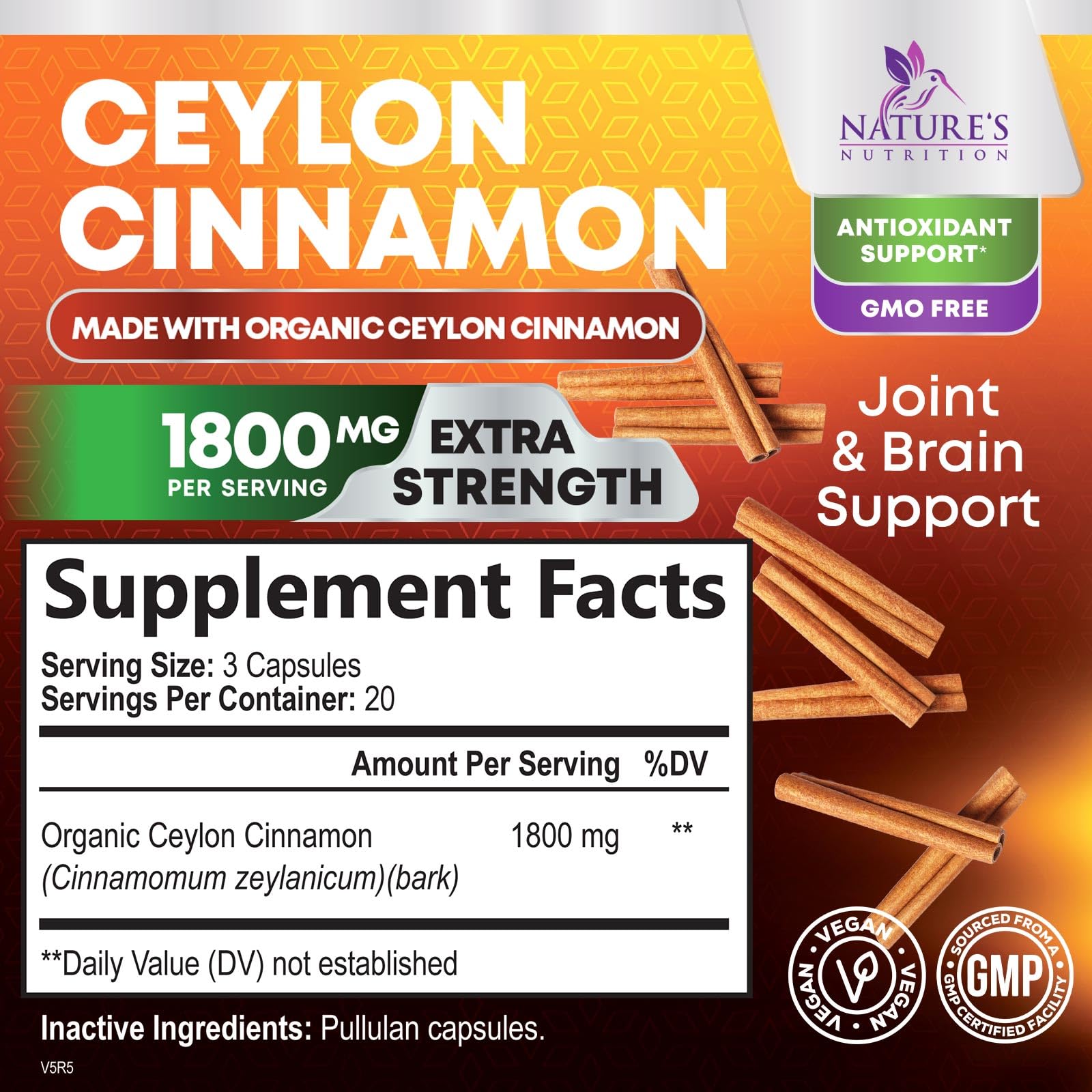 Nature's Nutrition cápsulas de canela Ceilán 1800 mg para energía sostenida.