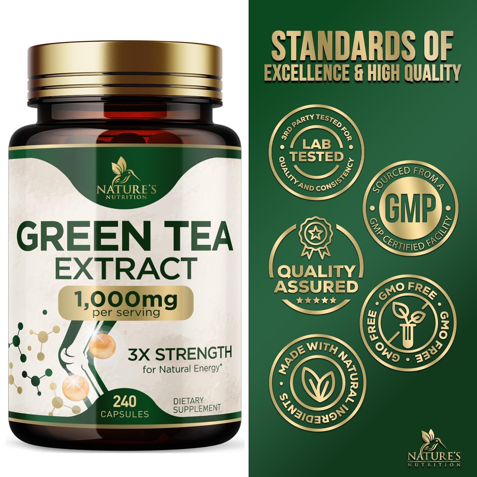 Cápsulas de té verde Nature's Nutrition para uso diario.
