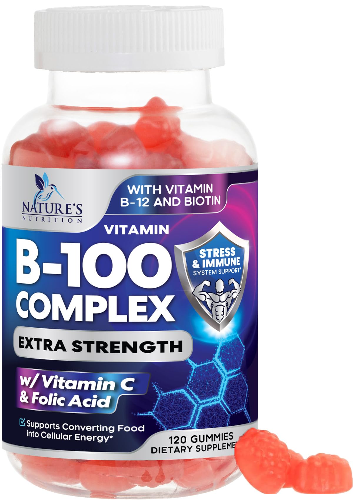 Nature's Nutrition Complejo B Gominolas: botella vertiendo para apoyo diario de energía