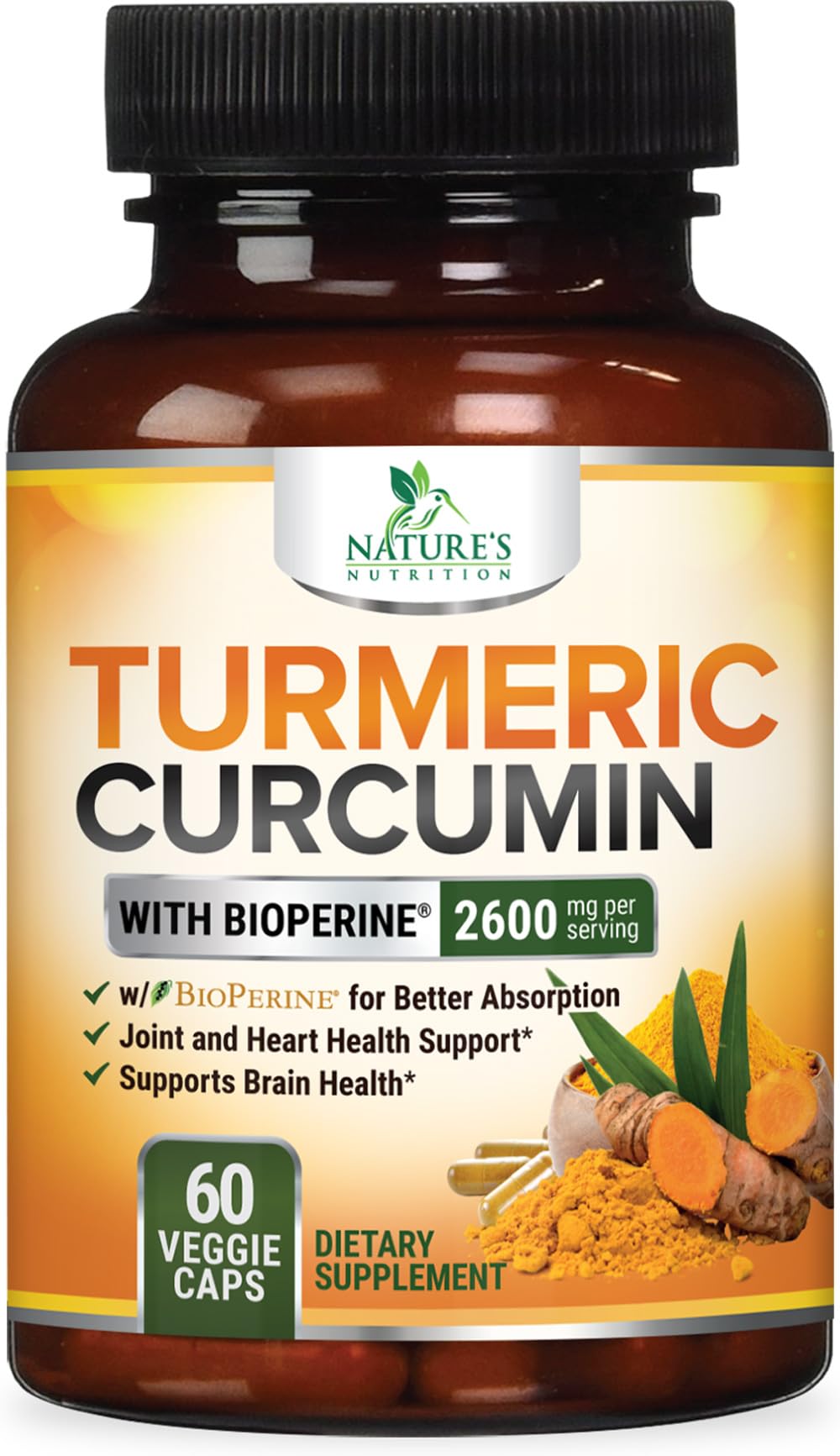 Nature's Nutrition Curcuma cápsulas frente: soporte articular diario y fácil de incorporar.