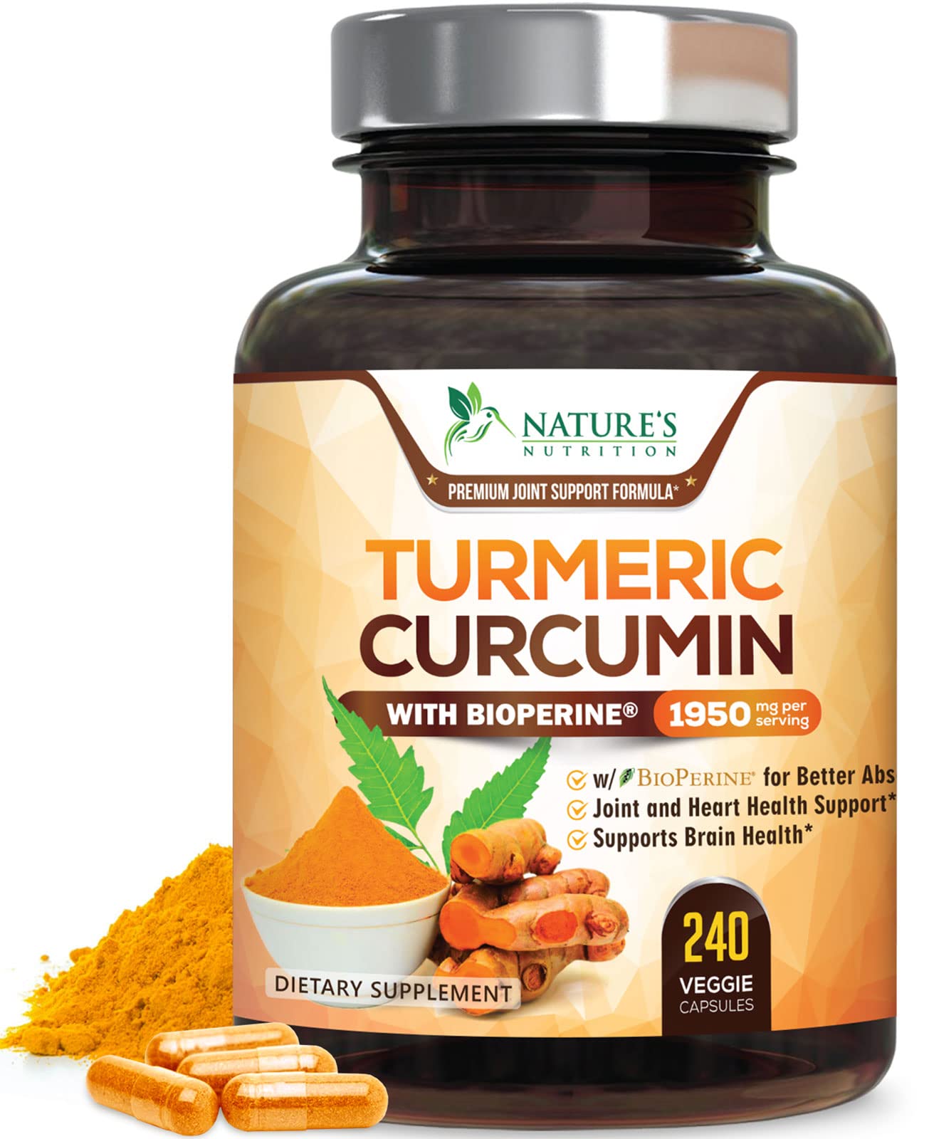 Nature's Nutrition cúrcuma 1800 mg en frasco para uso diario.
