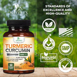 Nature's Nutrition Curcuma ingredientes: cúrcuma y curcuminoides en una fórmula vegana.