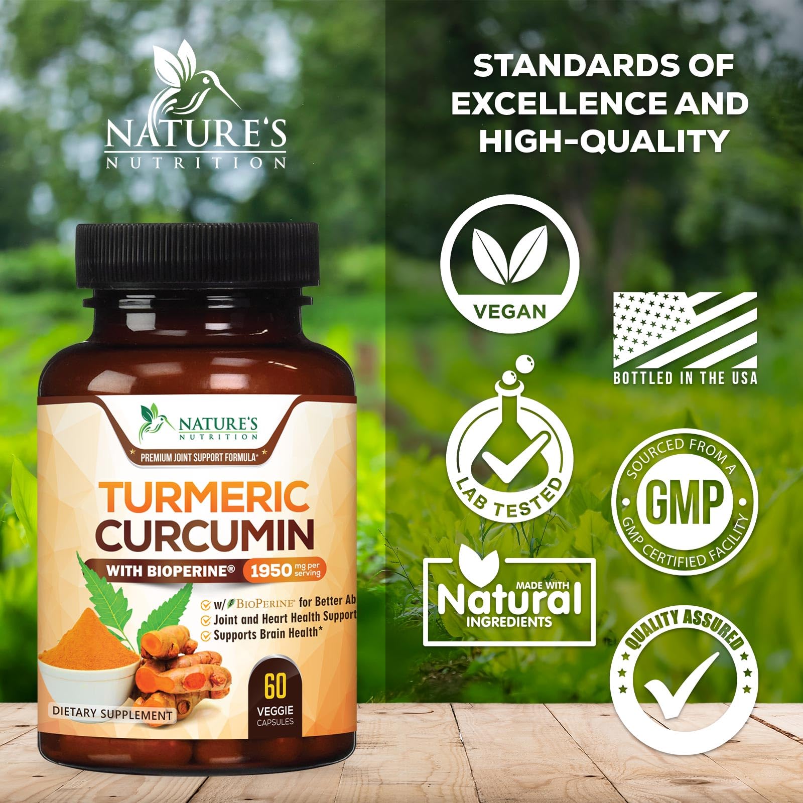 Nature's Nutrition cúrcuma orgánica, porción por cápsula, envase seguro
