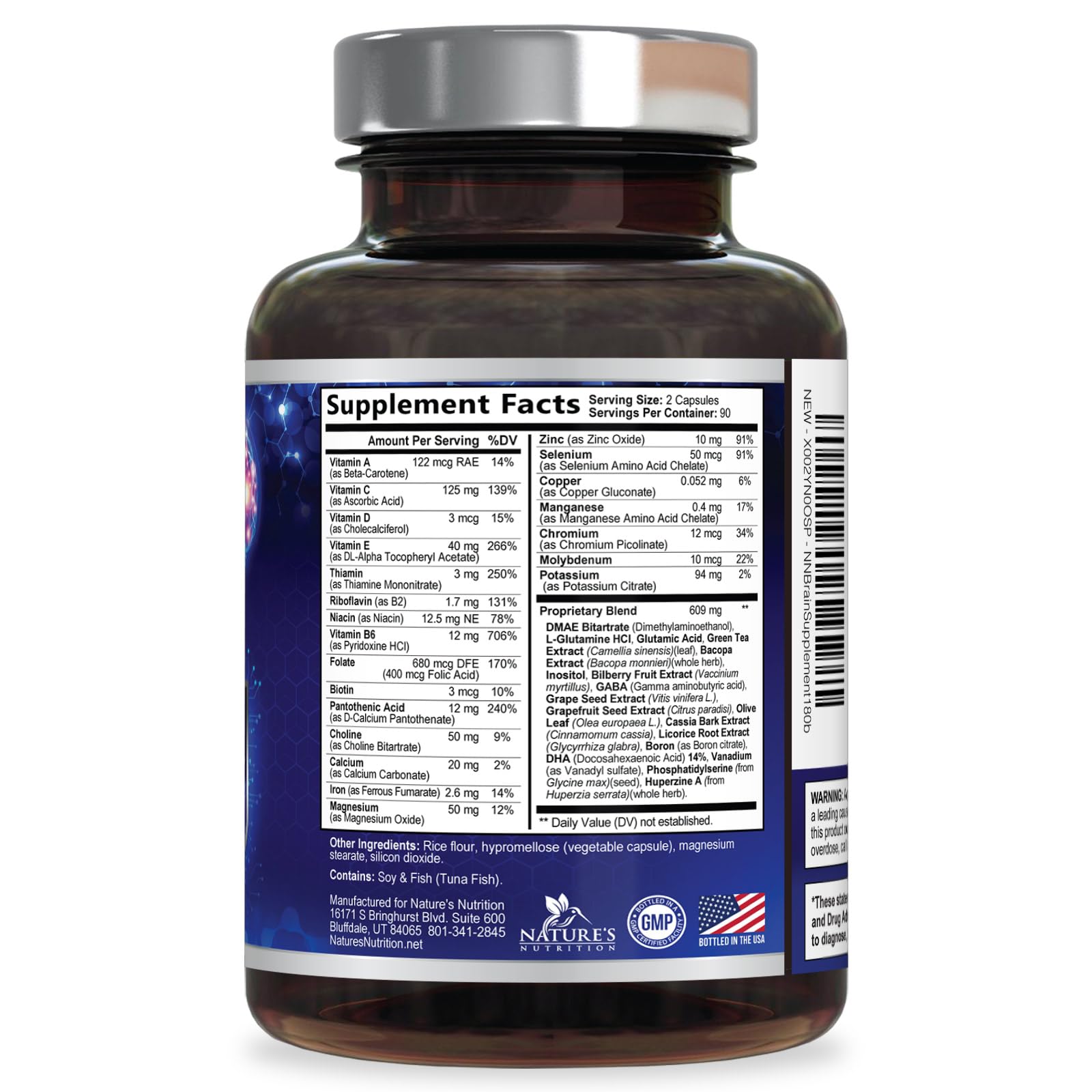 Etiqueta y caja de Nature's Nutrition, señal de calidad y seguridad.