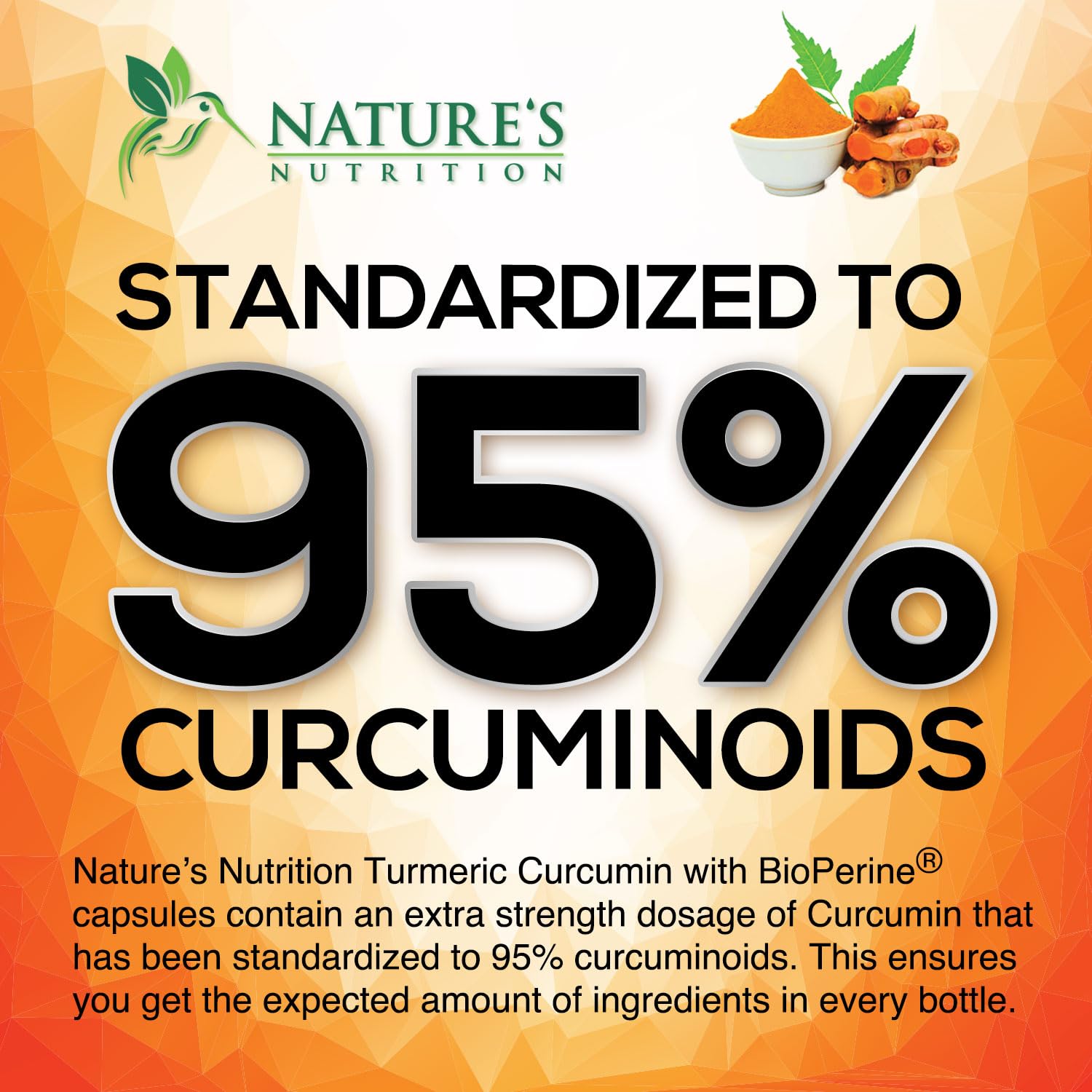 Nature's Nutrition Extracto de pimienta negra BioPerine para mejor absorción.