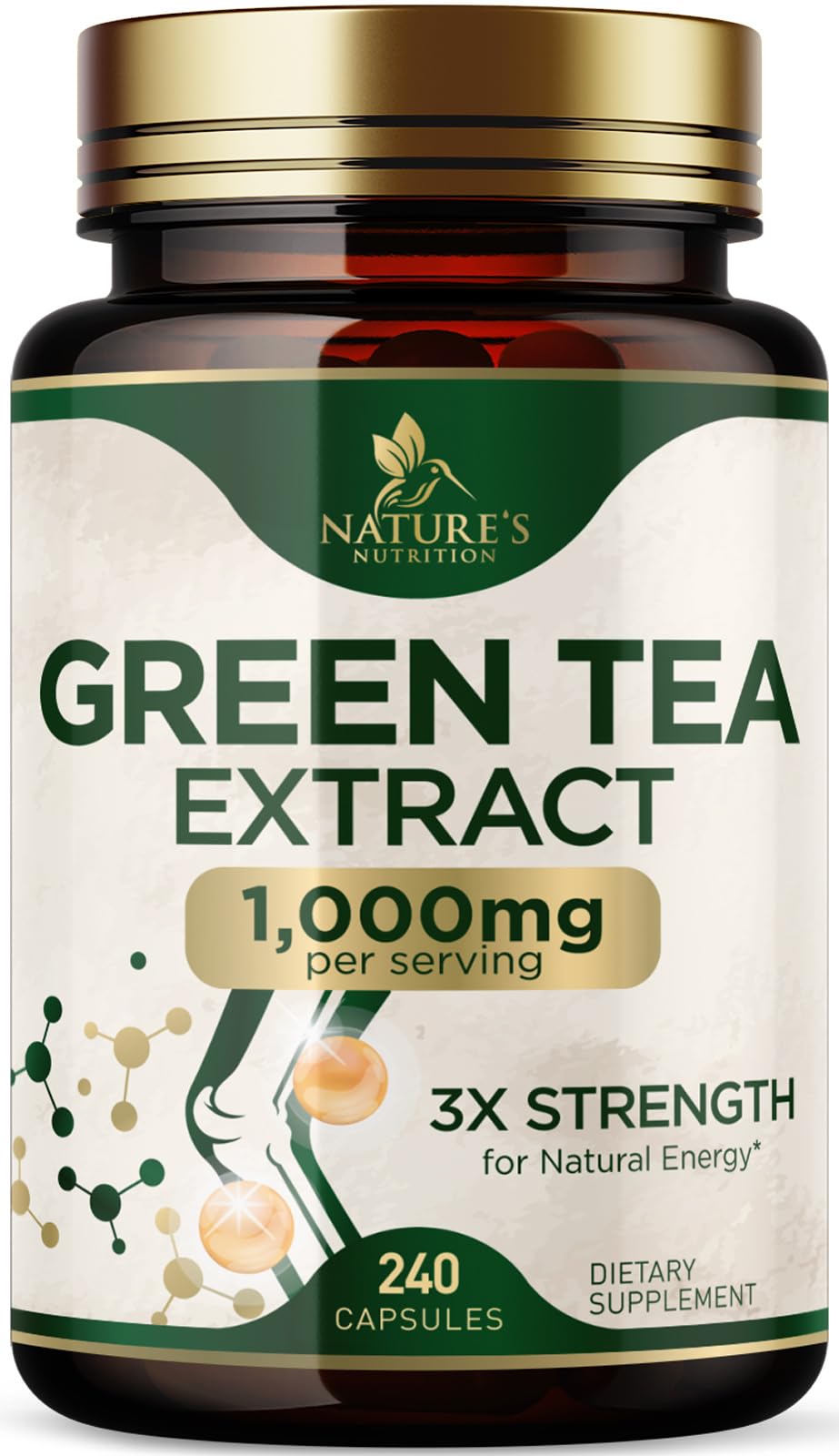 Nature's Nutrition Extracto de té verde 1000 mg en botella para energía sostenida.