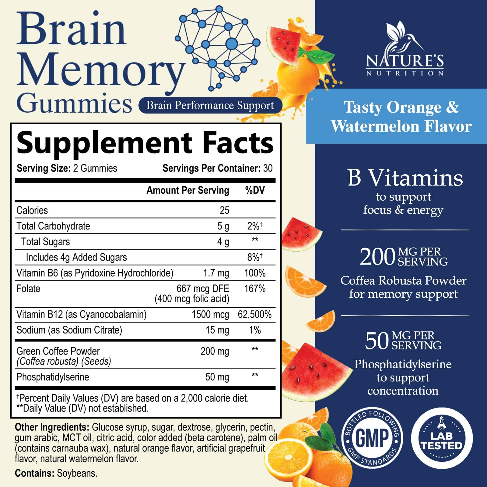 Nature's Nutrition gominolas cerebro, botella mostrada, dosis diaria para enfoque sostenido
