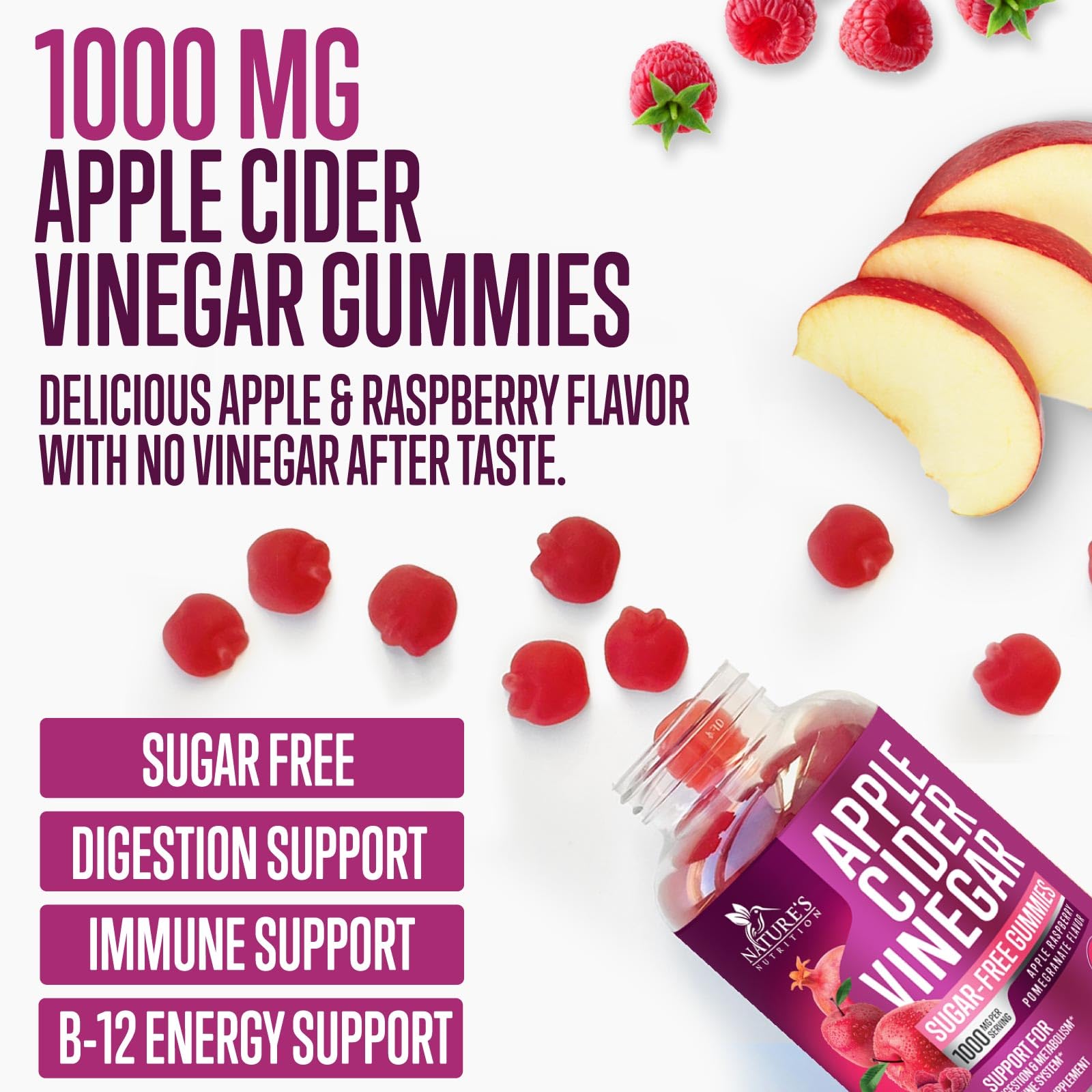 Nature's Nutrition gomitas ACV manzana, masticación fácil para energía diaria.