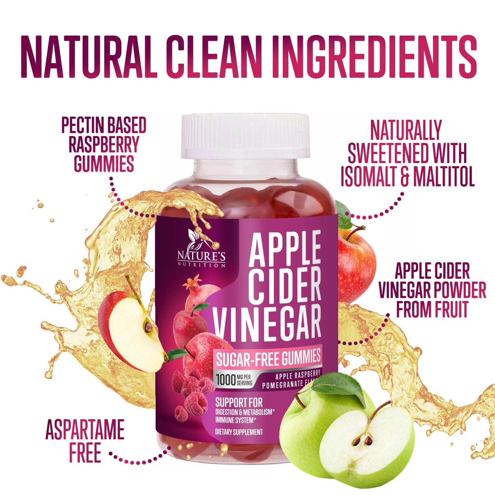 Nature's Nutrition gomitas ACV manzana, sin azúcar para opciones sin endulzantes.