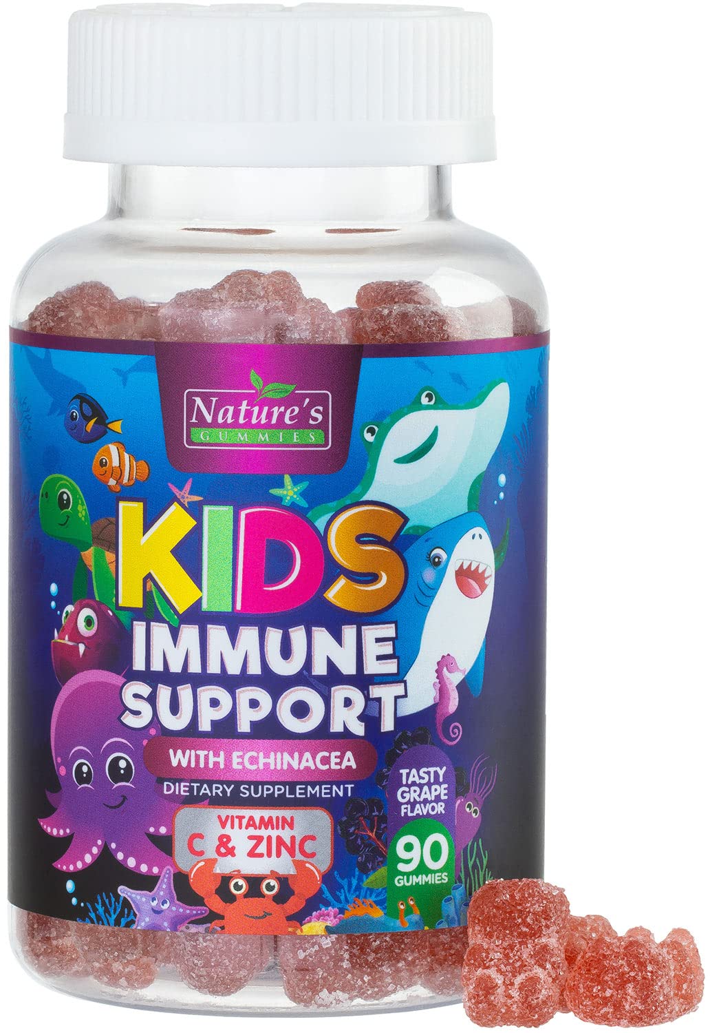 Gomitas Nature's Nutrition para defensas de niños, sabor bayas, en lata, lista para la toma diaria.