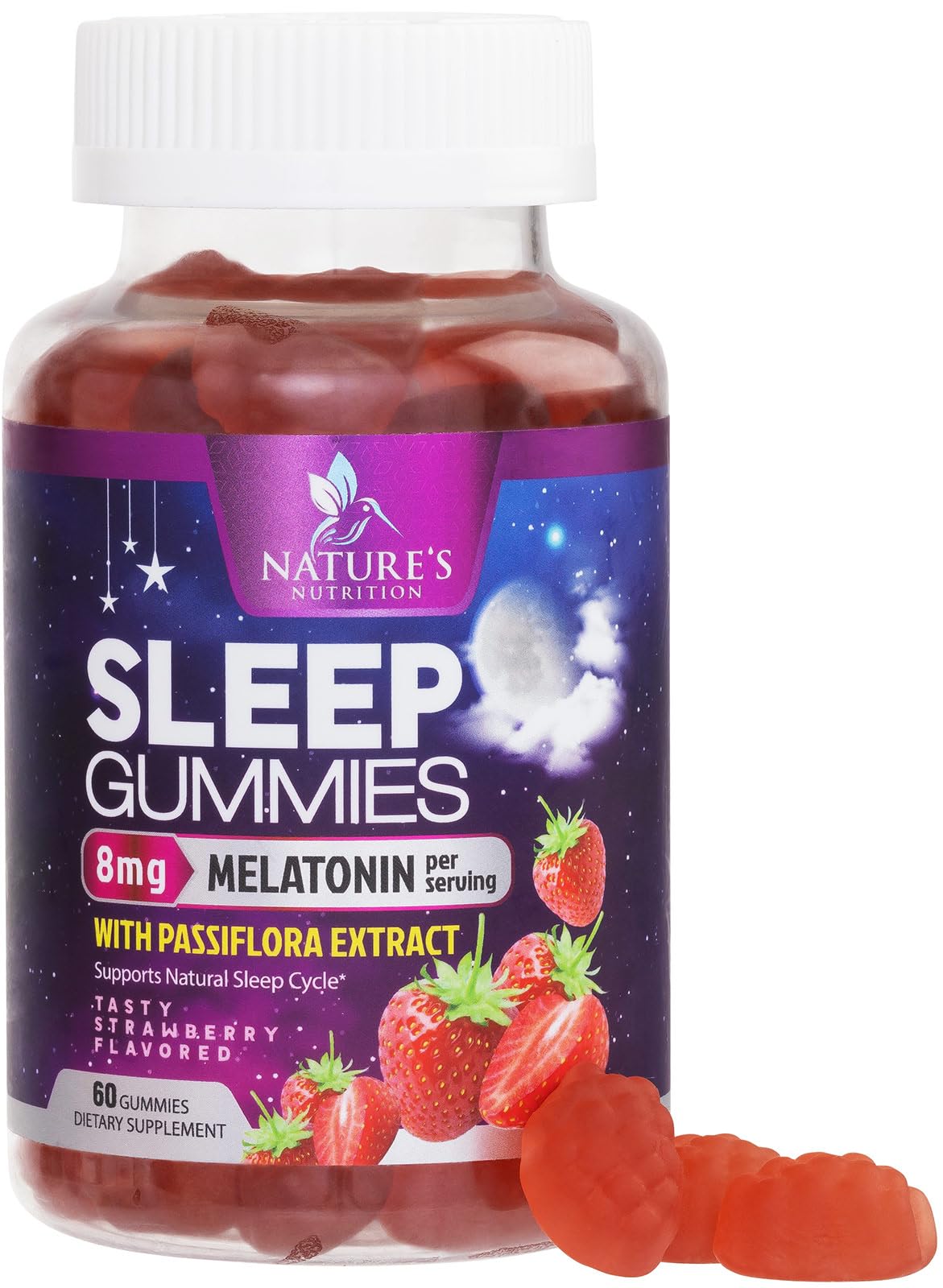 Gomitas para dormir Nature's Nutrition, sabor fresa, que apoyan el descanso nocturno.