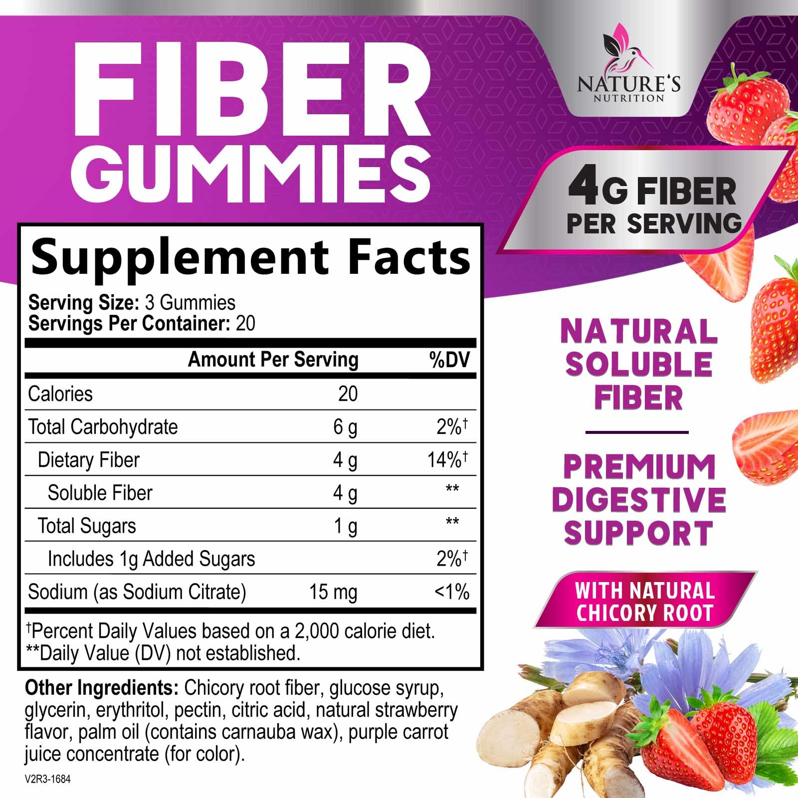 Nature's Nutrition gomitas fibra prebiótico inulina, apoyo al microbioma
