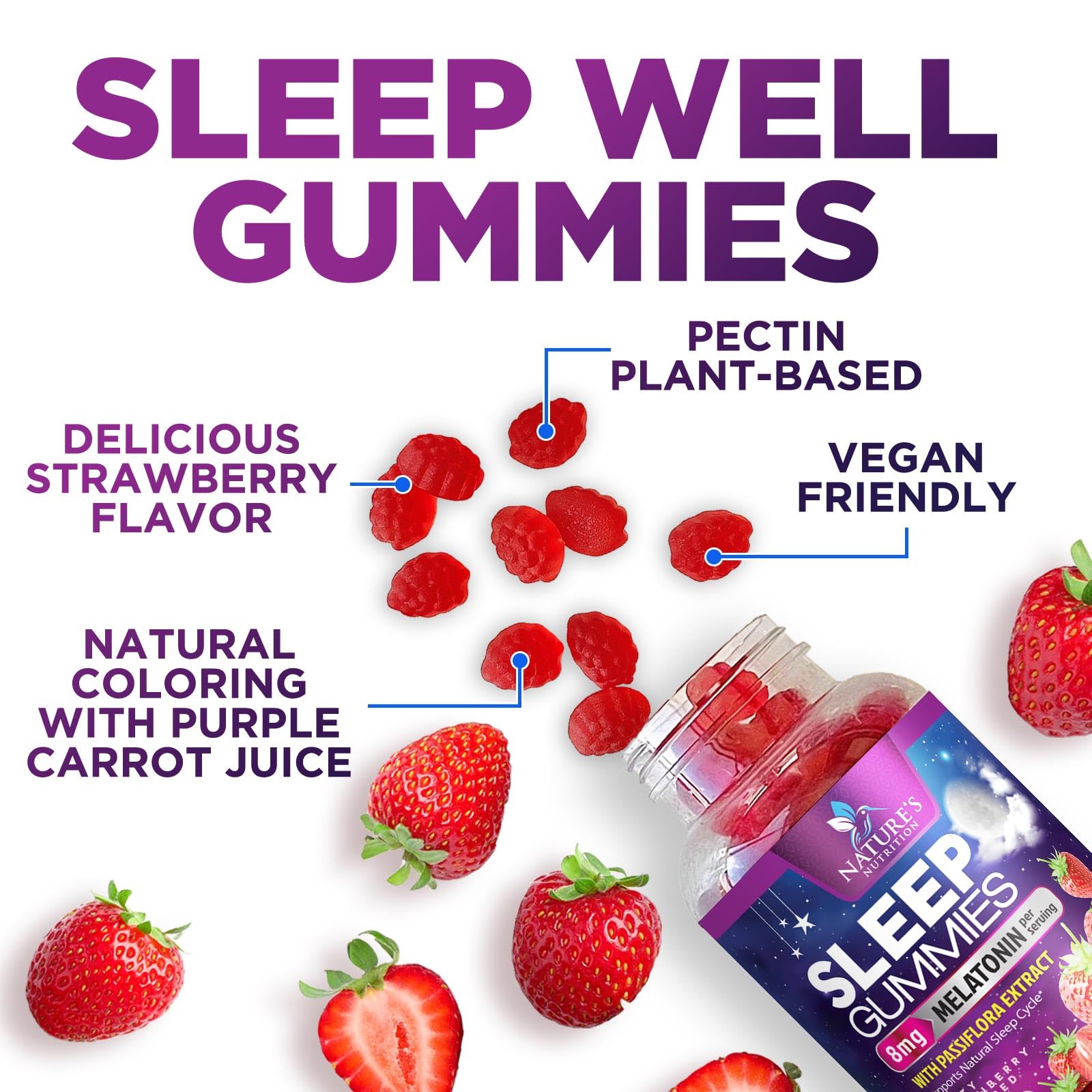 Sabor fresa Nature's Nutrition, apoyo al descanso nocturno.
