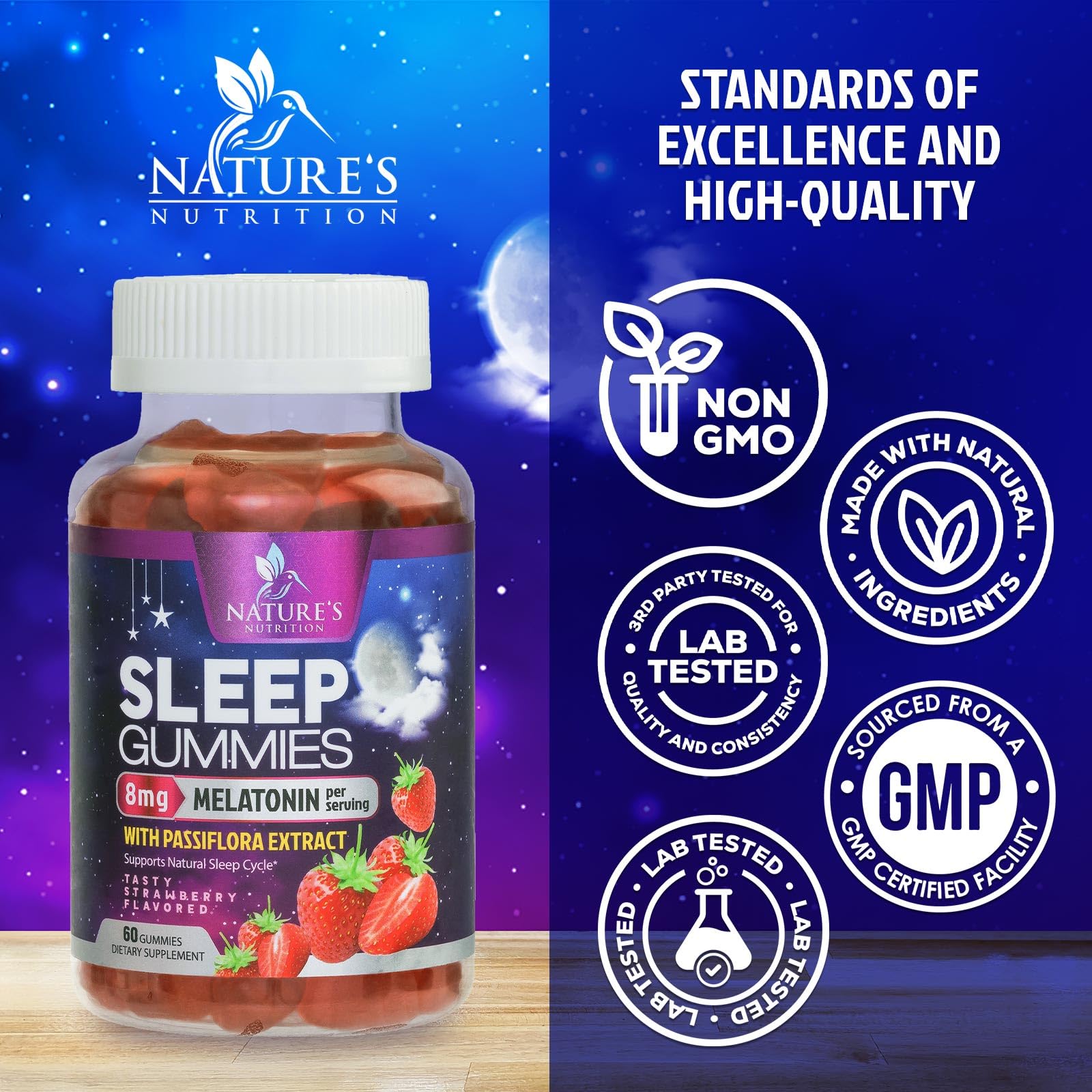 Gomitas Nature's Nutrition veganas y sin OGM para adultos.