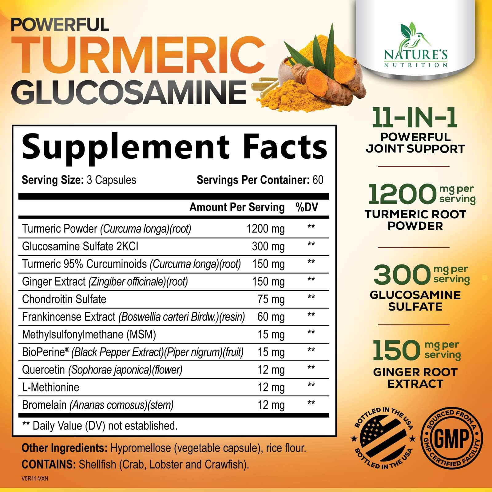 Nature's Nutrition jengibre y glucosamina, ingredientes clave para movilidad diaria.