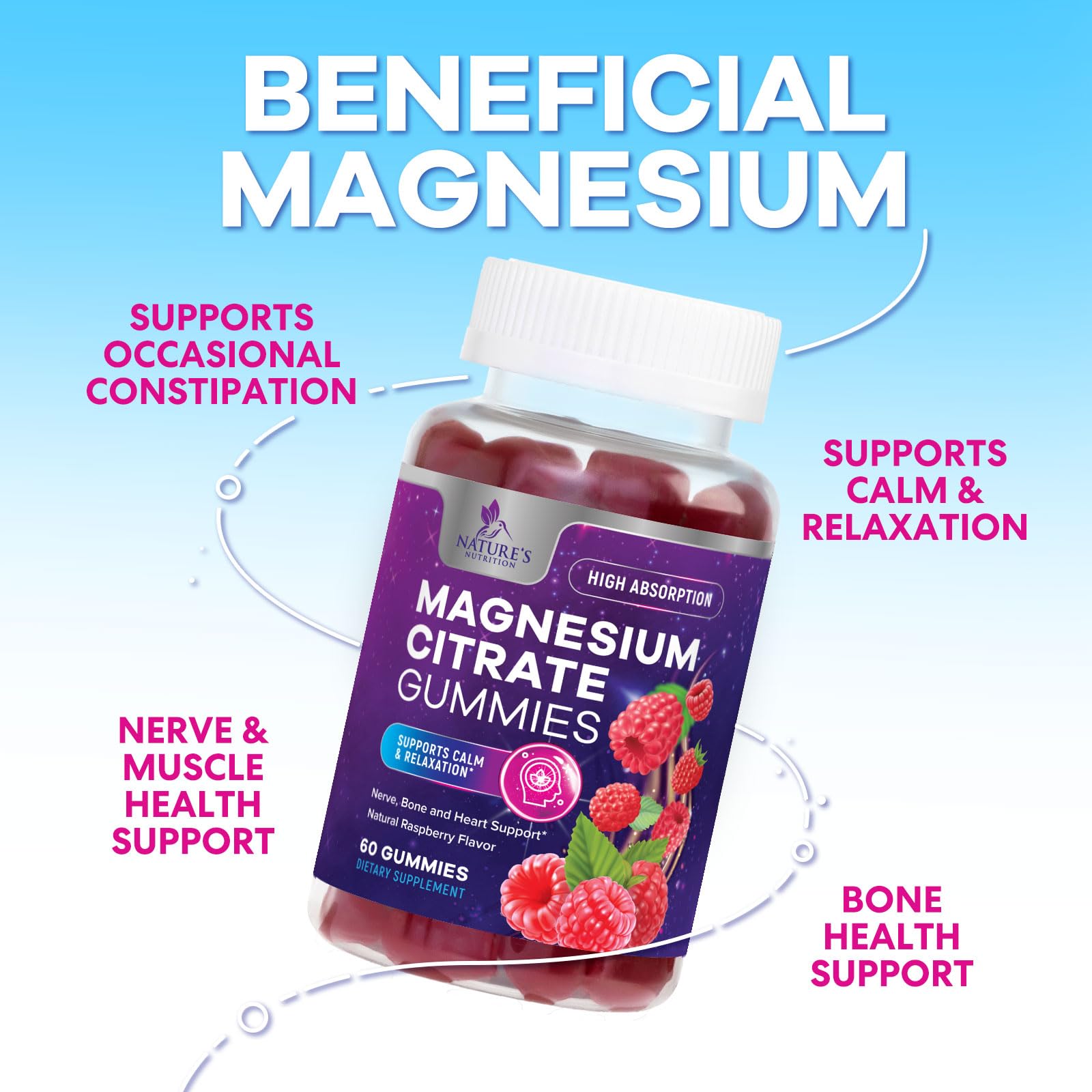 Nature's Nutrition gominolas magnesio citrato, aptas para vegetarianos, con ingredientes no-GMO.