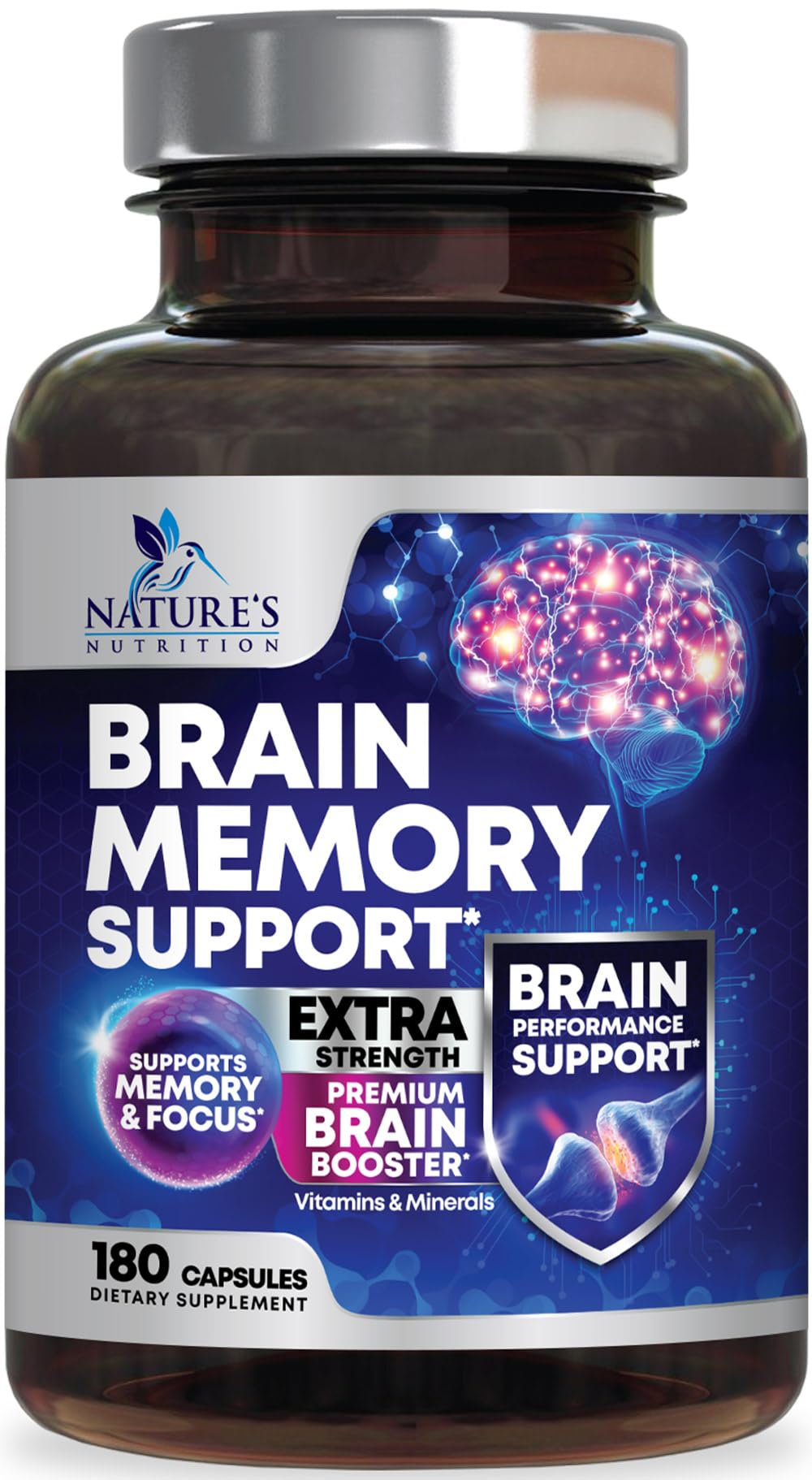 La botella de Nature's Nutrition Memoria Cerebral en primer plano ofrece mayor claridad mental.