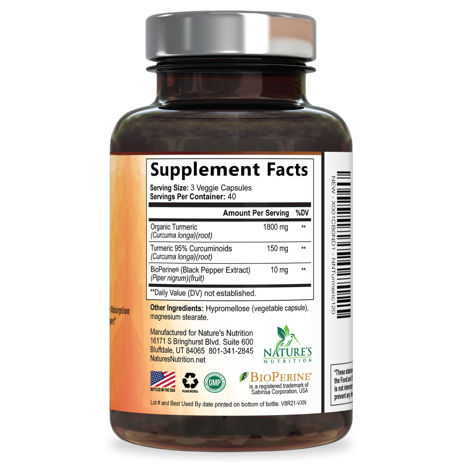 Nature's Nutrition Producto no GMO y curcumina orgánica