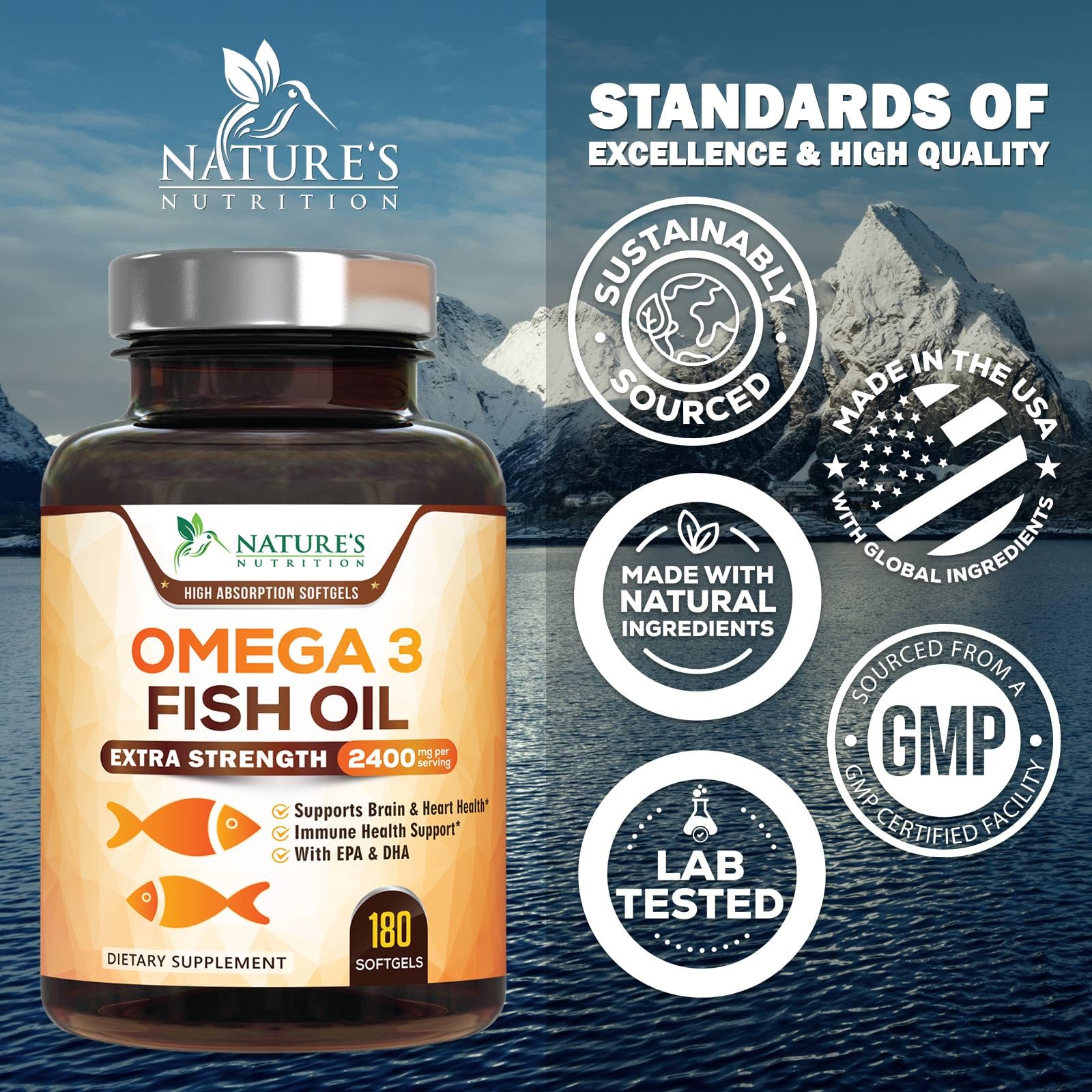 Nature's Nutrition Omega3 botella USA: envasado en EE. UU. para calidad.