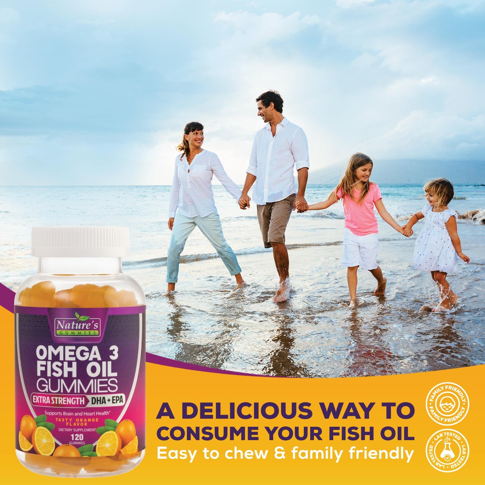 Nature's Nutrition Omega 3 gomitas naranja, detalle de DHA en la fórmula.