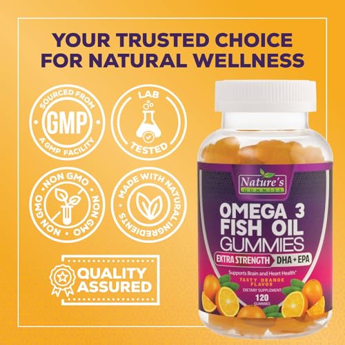Nature's Nutrition Omega 3 gomitas naranja, porción diaria lista para tomar.