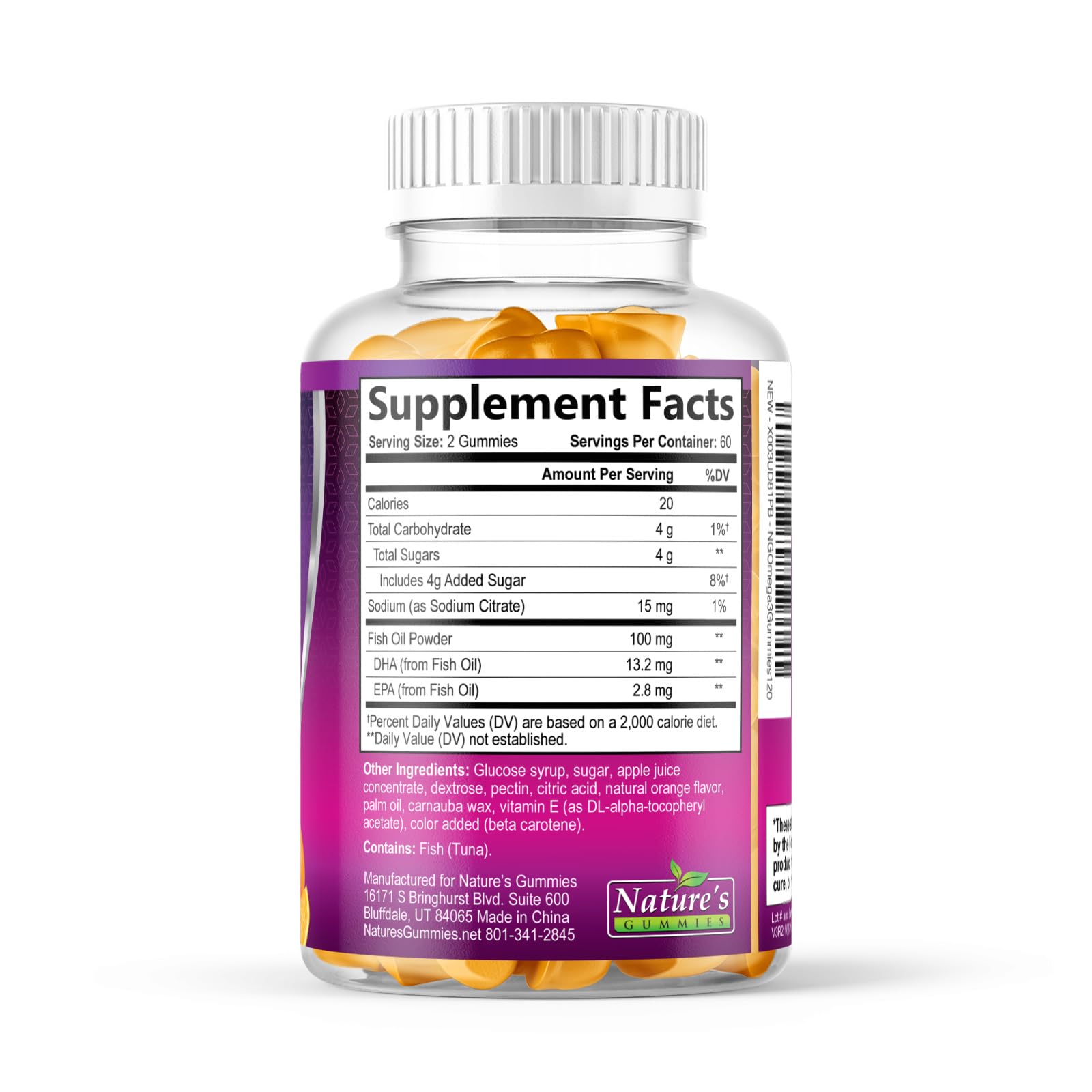 Nature's Nutrition Omega 3 gomitas naranja, frasco en encimera de cocina.