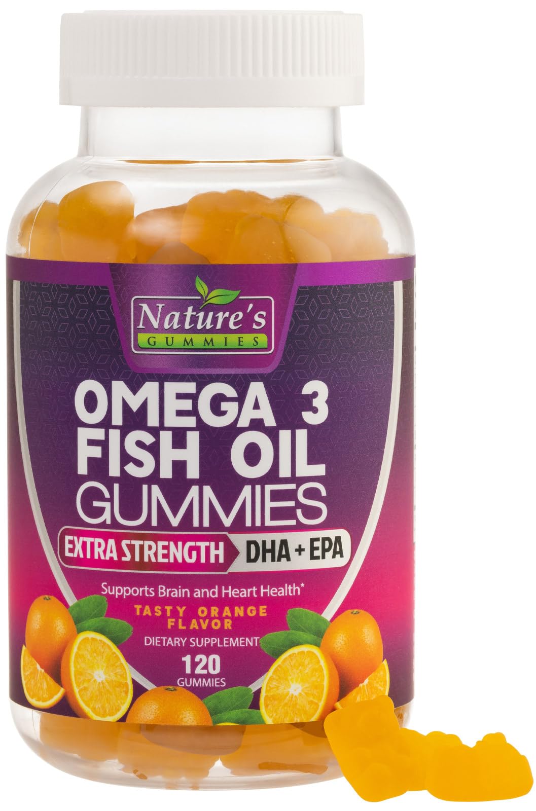Nature's Nutrition Omega 3 gomitas naranja en frasco, sabor agradable para consumo diario.
