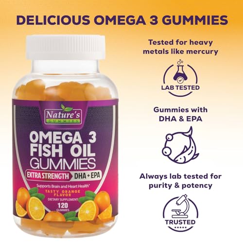 Nature's Nutrition Omega 3 gomitas naranja, sabor cítrico que facilita ingesta.