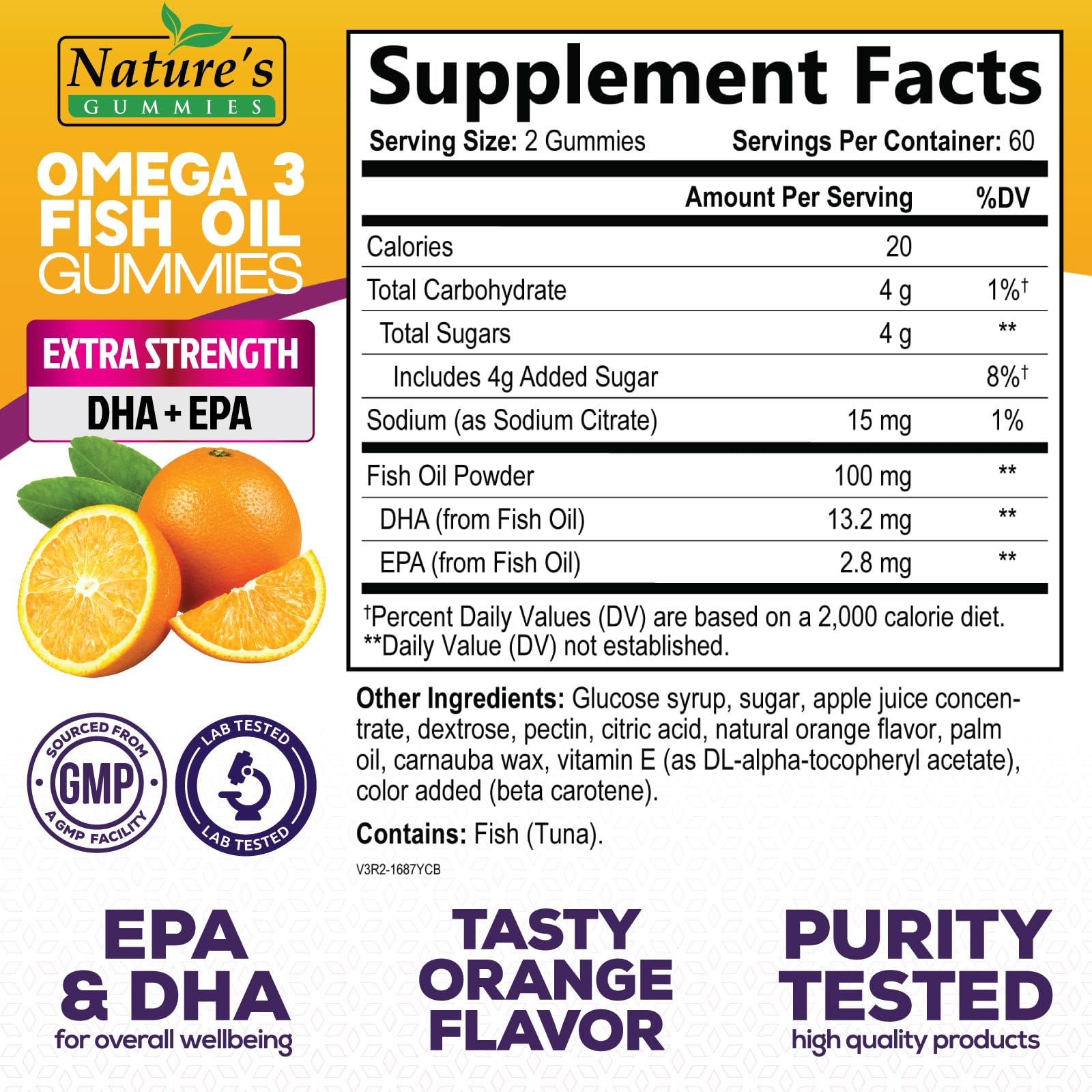 Nature's Nutrition Omega 3 gomitas naranja, textura suave en primer plano.