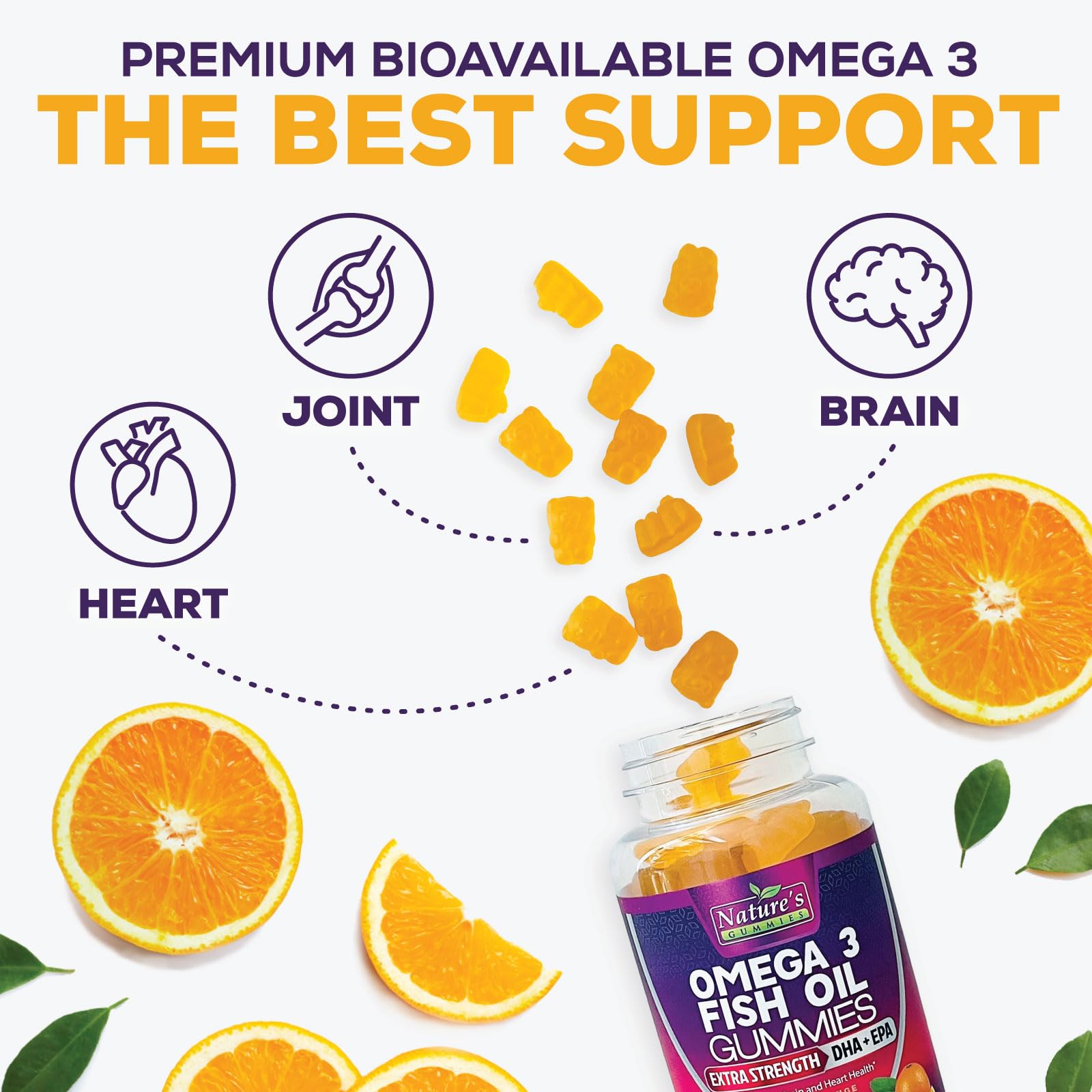 Nature's Nutrition Omega 3 gomitas naranja, persona consumiendo una gomita como snack.