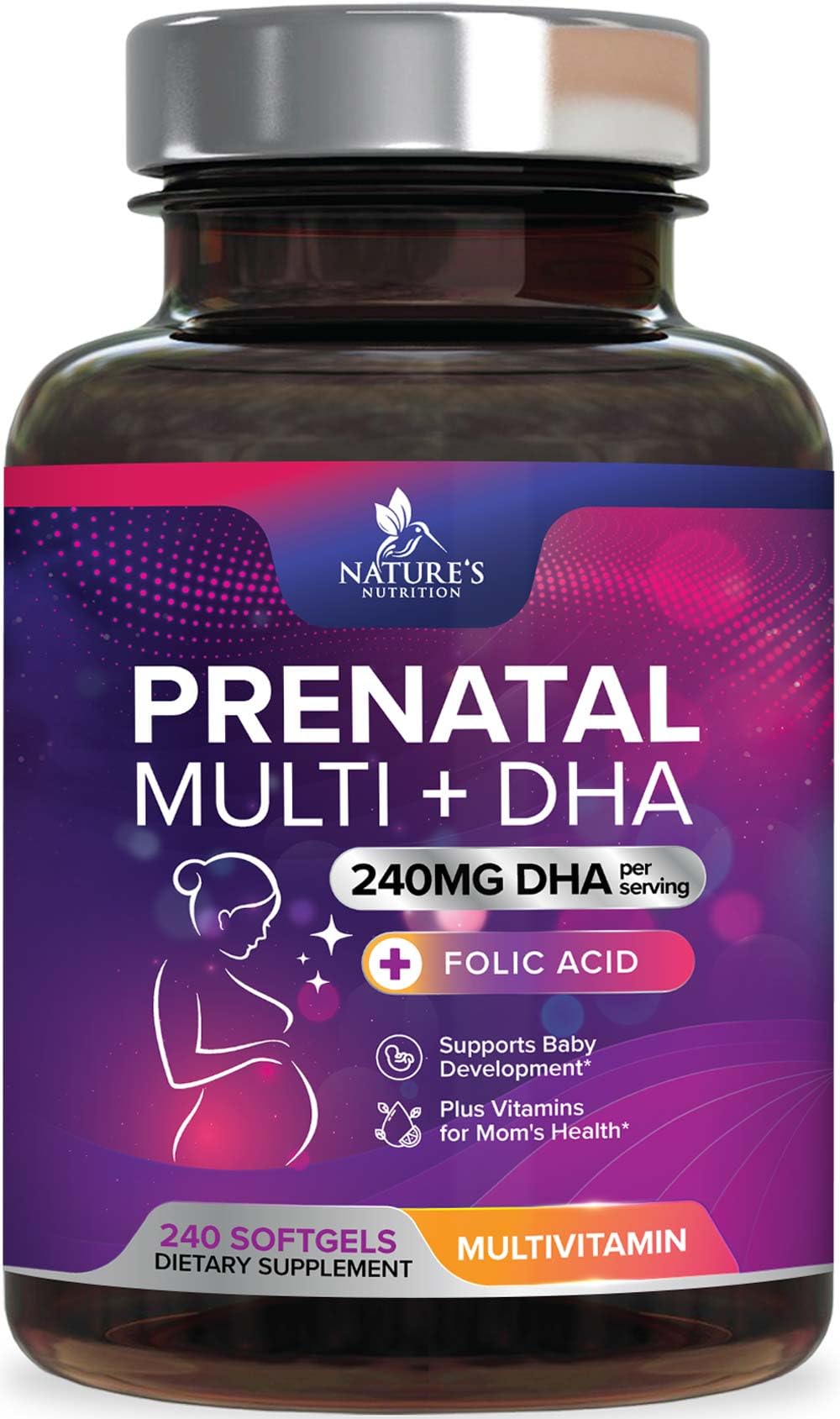 Nature's Nutrition Prenatal botella frontal con cápsulas blandas para uso diario.