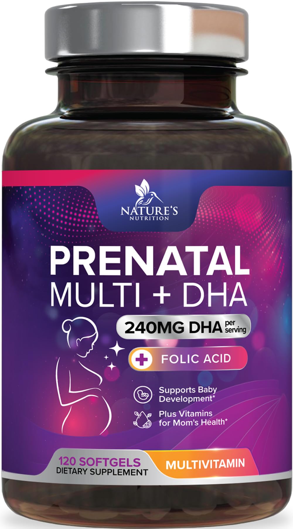 Nature's Nutrition Prenatal: botella de cápsulas para nutrición diaria durante el embarazo.