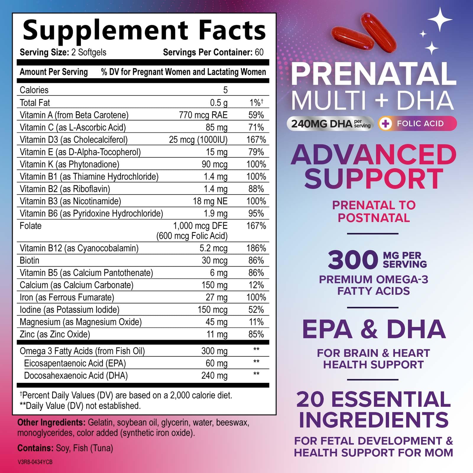 Nature's Nutrition Prenatal: cápsulas blandas fáciles de tragar para uso diario.