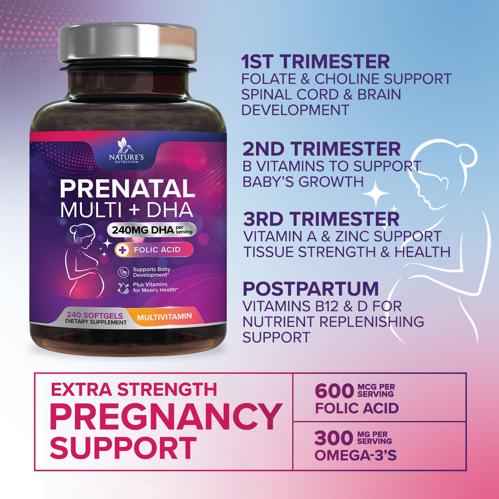 Nature's Nutrition Prenatal envase seguro y libre de OMG.