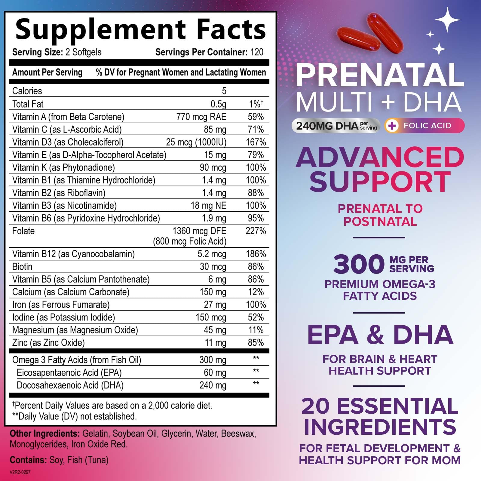 Nature's Nutrition Prenatal etiqueta ingredientes resaltando ácido fólico y DHA para desarrollo.
