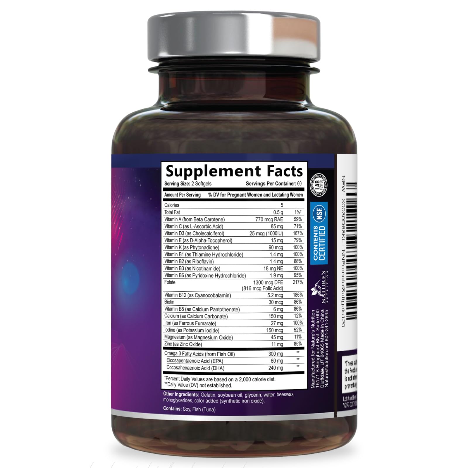 Nature's Nutrition Prenatal contiene ingredientes clave para la nutrición diaria.