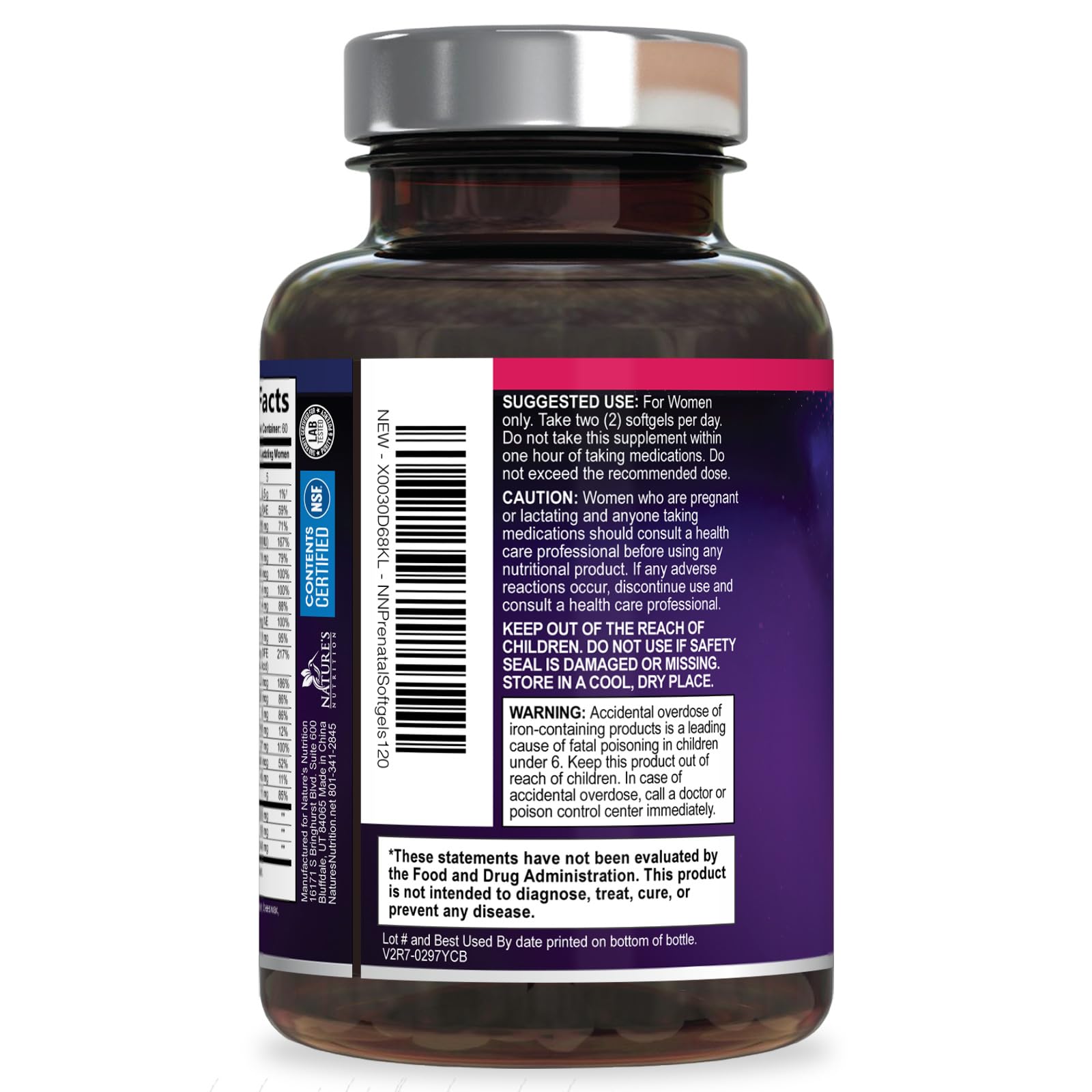 Nature's Nutrition Prenatal uso diario para apoyo nutricional.