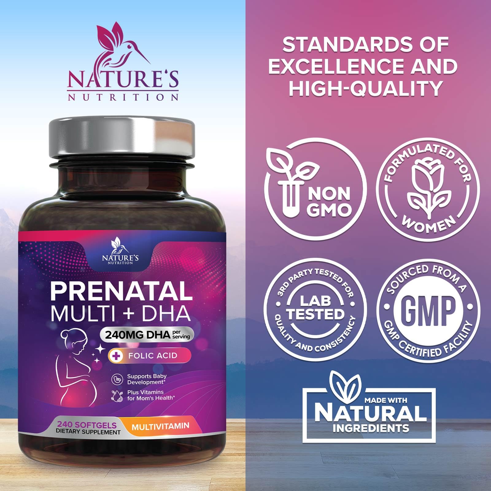 Nature's Nutrition Prenatal uso diario enfatiza la rutina durante el embarazo.