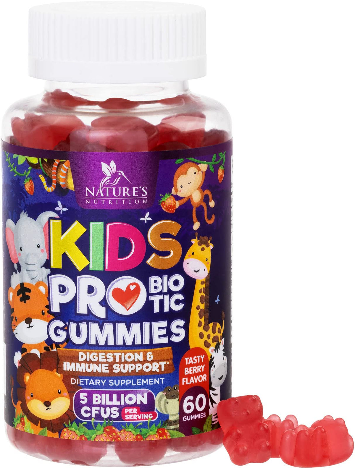 Nature's Nutrition pro biótico para niños sabor frambuesa en botella, apoyo digestivo diario.