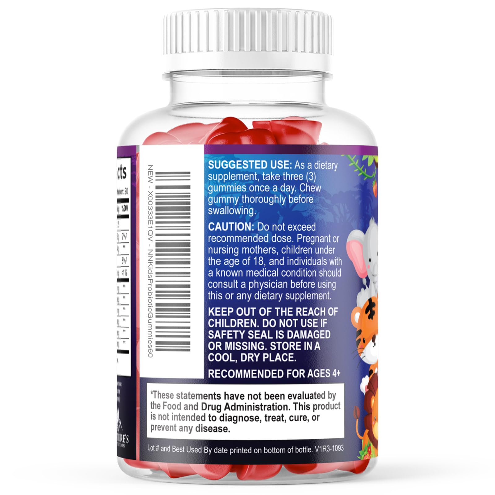 Nature's Nutrition Probiotico para niños, vista cercana de gomita frambuesa y textura.
