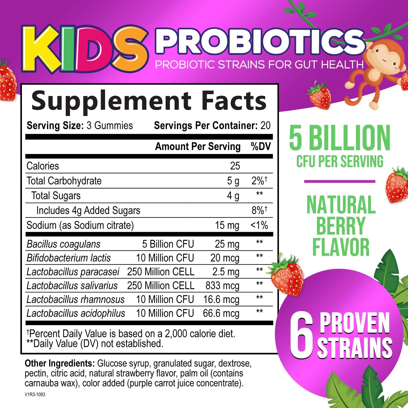 Nature's Nutrition pro biótico para niños gomitas frambuesa listas para usar cada día.