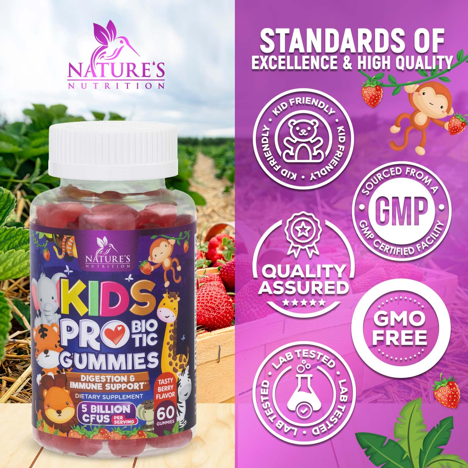 Nature's Nutrition Probiotico para niños sin gluten, apto para dietas especiales.